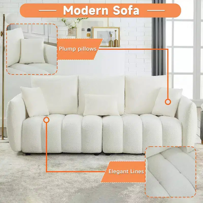 Canapé 3 places rembourré, canapé en tissu Teddy avec 3 coussins de dossier 4M -ModernLuxe