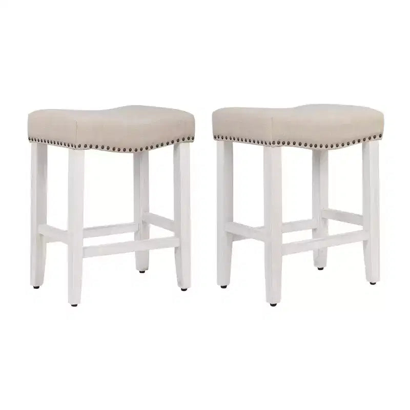 WestinTrends 24 Upholstered Saddle Seat Counter Stool (Set of 2), Antique White/Beige