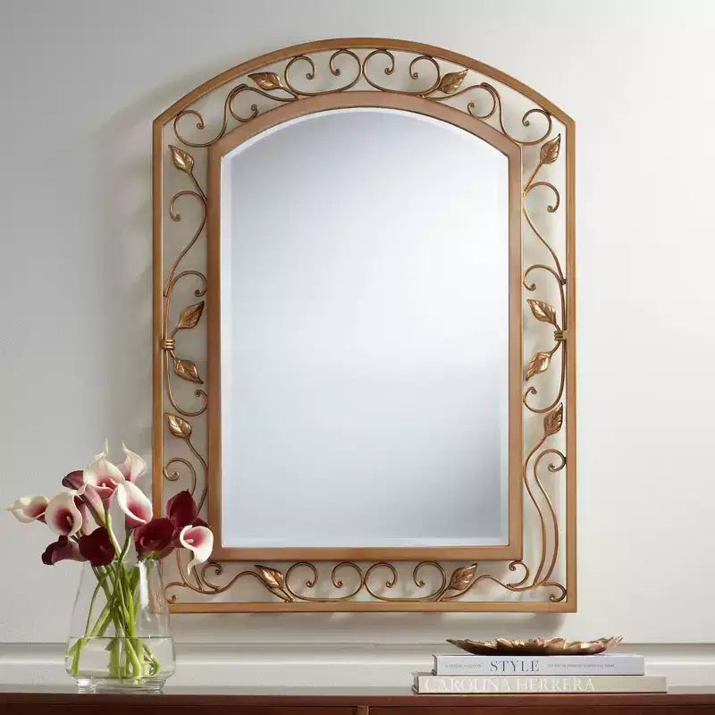 Miroir Mural de Vanité Arc Supérieur Noble Park Eden Park Verre Biseauté Vintage Français Motif Vigne Fleur Cadre Métal Doré 25 Pouces de Large pour Salle de Bain