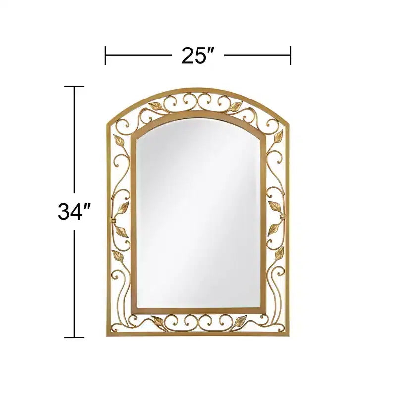 Miroir Mural de Vanité Arc Supérieur Noble Park Eden Park Verre Biseauté Vintage Français Motif Vigne Fleur Cadre Métal Doré 25 Pouces de Large pour Salle de Bain