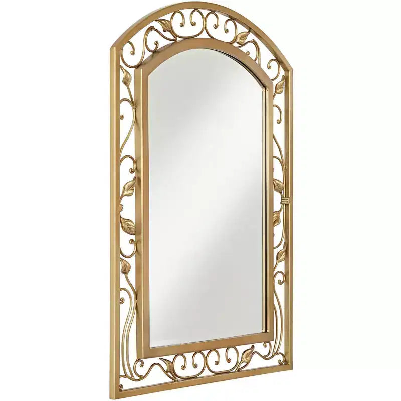 Miroir Mural de Vanité Arc Supérieur Noble Park Eden Park Verre Biseauté Vintage Français Motif Vigne Fleur Cadre Métal Doré 25 Pouces de Large pour Salle de Bain