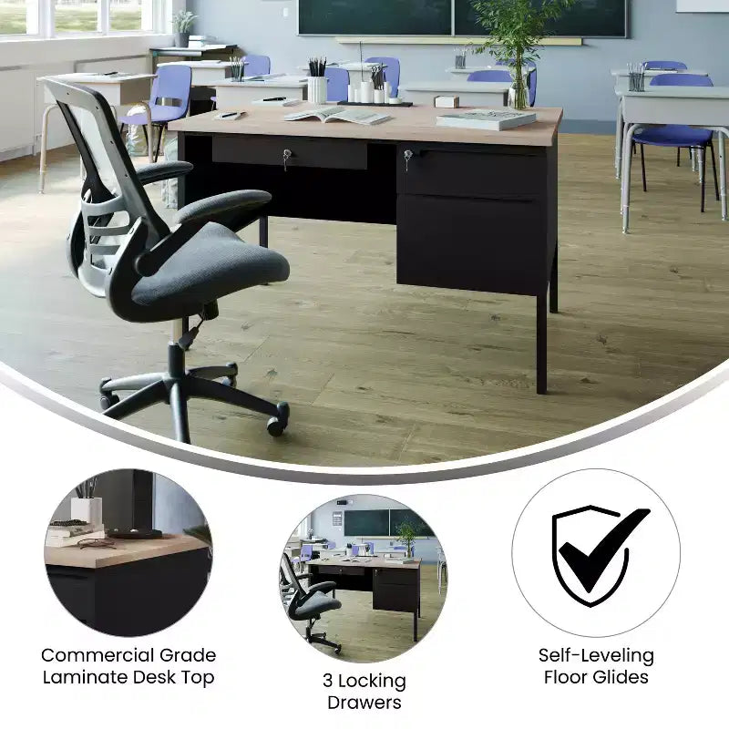 Bureau simple piédestal Flash Furniture Cambridge de qualité commerciale avec tiroirs verrouillables et cadre métallique