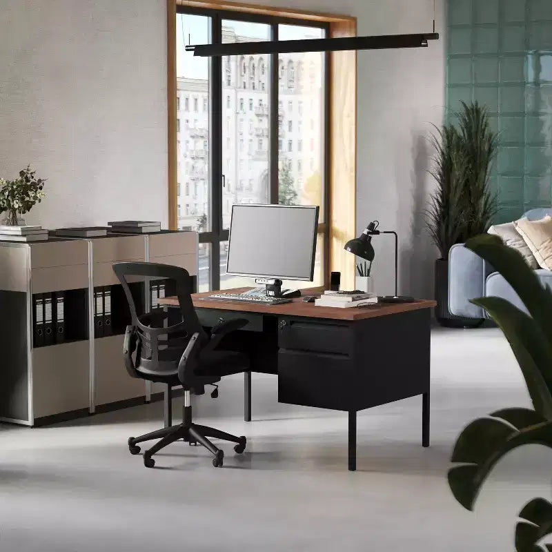 Bureau simple piédestal Flash Furniture Cambridge de qualité commerciale avec tiroirs verrouillables et cadre métallique