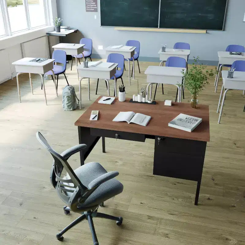 Bureau simple piédestal Flash Furniture Cambridge de qualité commerciale avec tiroirs verrouillables et cadre métallique