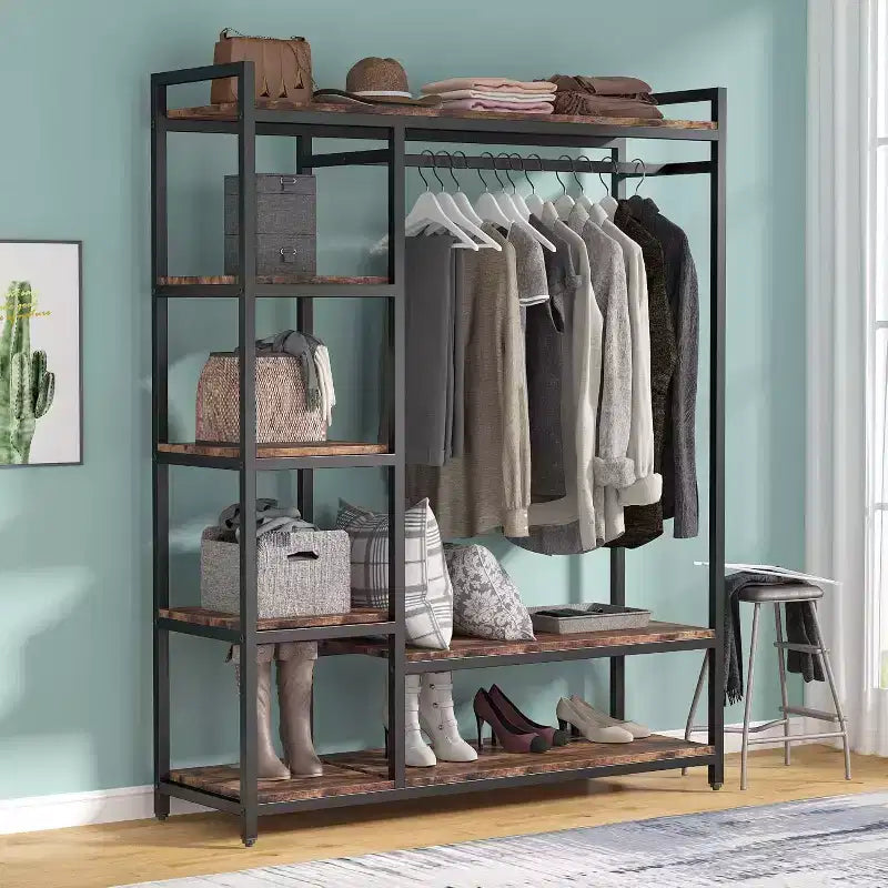 Organisateur de placard autoportant Lantine, Armoire à vêtements robuste, Penderie portable avec 6 étagères et une tringle de suspension