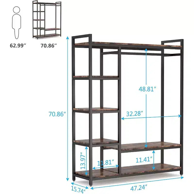 Organisateur de placard autoportant Lantine, Armoire à vêtements robuste, Penderie portable avec 6 étagères et une tringle de suspension