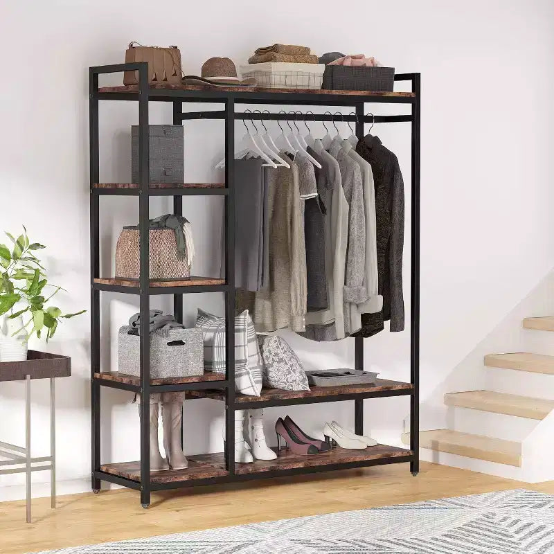 Organisateur de placard autoportant Lantine, Armoire à vêtements robuste, Penderie portable avec 6 étagères et une tringle de suspension