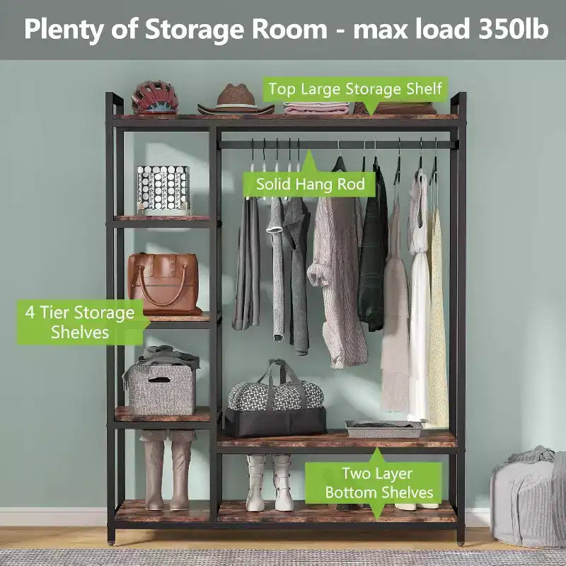 Organisateur de placard autoportant Lantine, Armoire à vêtements robuste, Penderie portable avec 6 étagères et une tringle de suspension