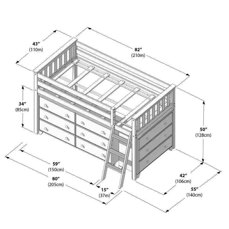 Lit mezzanine bas Max & Lily une place avec bureau coulissant et commodes à 3 tiroirs