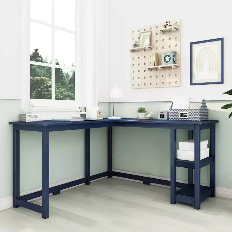 Bureau en bois massif en L Max & Lily, bureau d'angle pour bureau à domicile, jeux, ordinateur, étagères de rangement