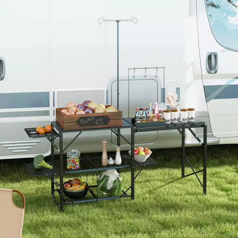 Cuisine de camping pliable Outsunny, station de cuisson avec support de lampe réglable