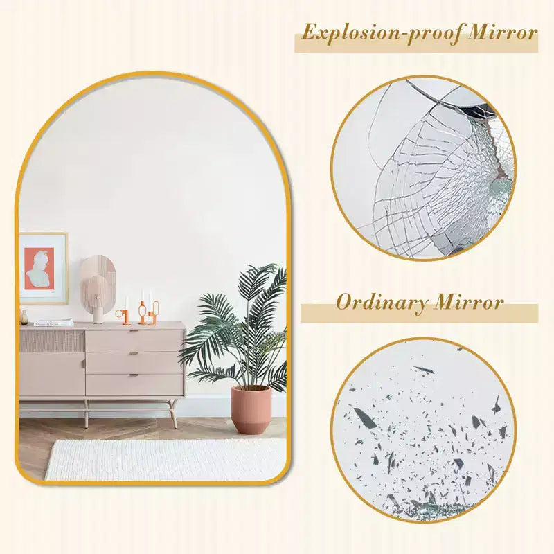 Miroir mural décoratif Dovelina, forme rectangulaire simple et moderne avec bord supérieur arrondi