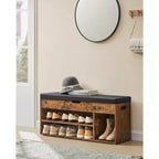 VASAGLE Banc à chaussures, banc de rangement avec coussin, banc porte-chaussures avec siège rembourré, 3 compartiments, rangement dissimulé, étagères, marron rustique et noir