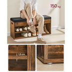 VASAGLE Banc à chaussures, banc de rangement avec coussin, banc porte-chaussures avec siège rembourré, 3 compartiments, rangement dissimulé, étagères, marron rustique et noir