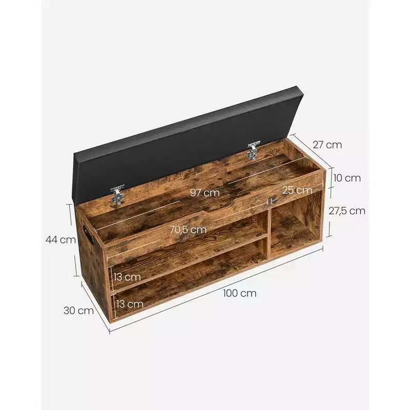 VASAGLE Banc à chaussures, banc de rangement avec coussin, banc porte-chaussures avec siège rembourré, 3 compartiments, rangement dissimulé, étagères, marron rustique et noir