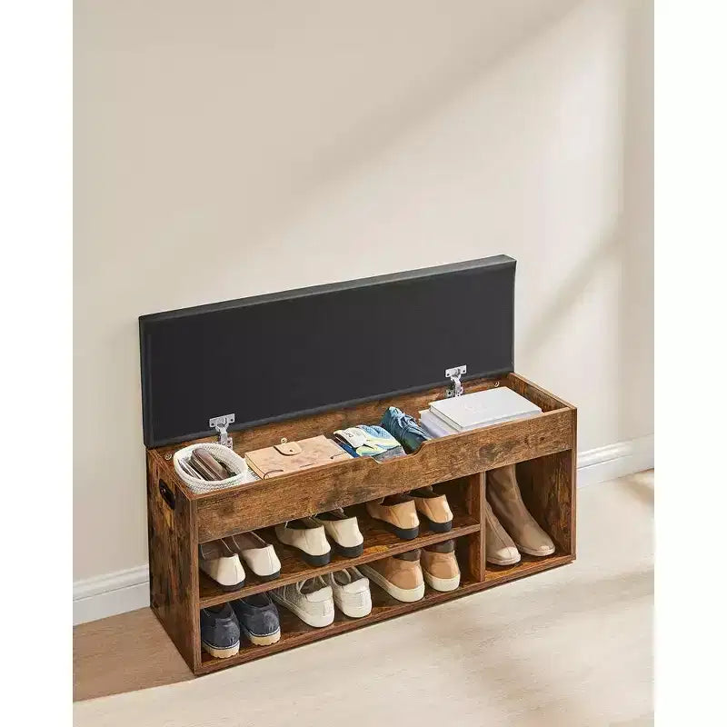 VASAGLE Banc à chaussures, banc de rangement avec coussin, banc porte-chaussures avec siège rembourré, 3 compartiments, rangement dissimulé, étagères, marron rustique et noir