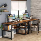 Bureau double Lantine avec étagère, bureau double d'ordinateur de 200 cm pour deux personnes, poste de travail avec étagère pour bureau à domicile
