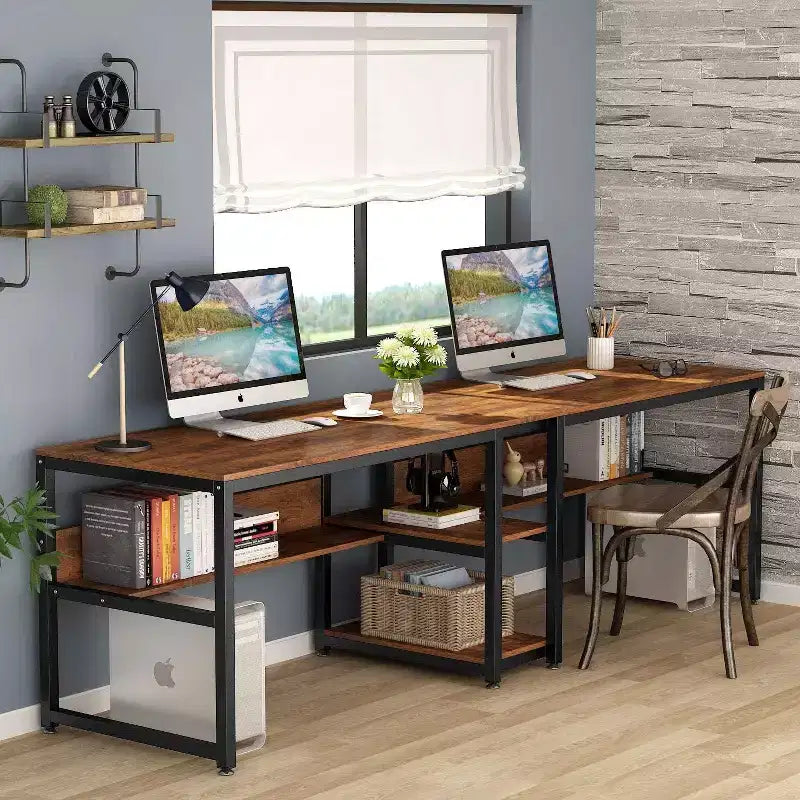 Bureau double Lantine avec étagère, bureau double d'ordinateur de 200 cm pour deux personnes, poste de travail avec étagère pour bureau à domicile
