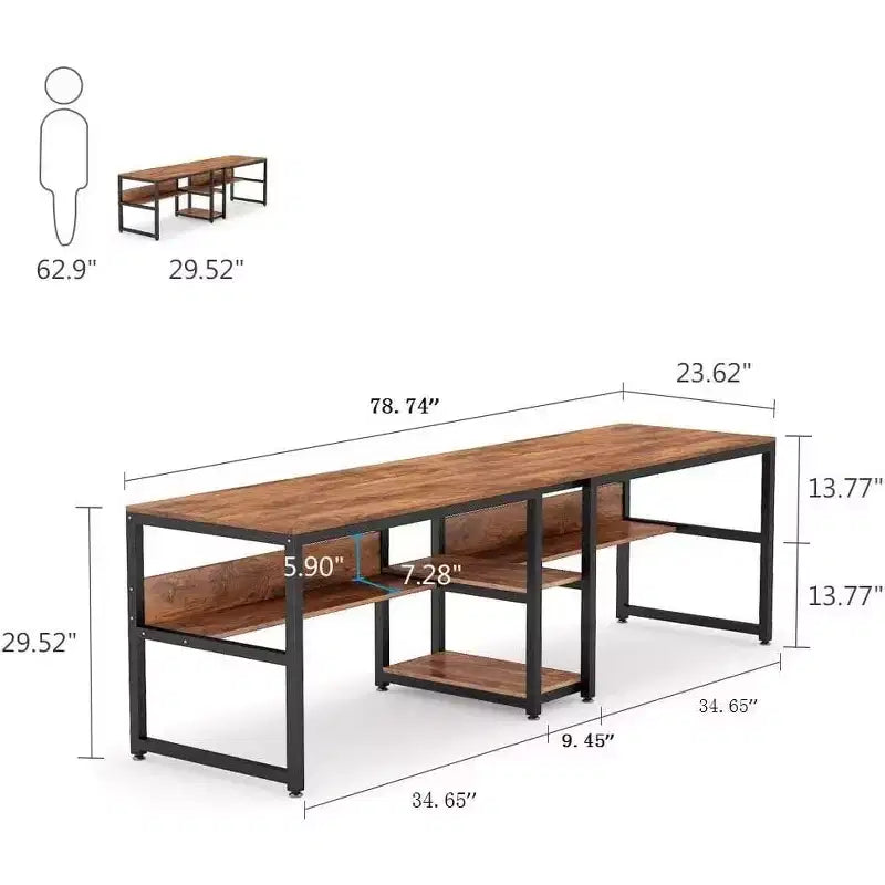 Bureau double Lantine avec étagère, bureau double d'ordinateur de 200 cm pour deux personnes, poste de travail avec étagère pour bureau à domicile