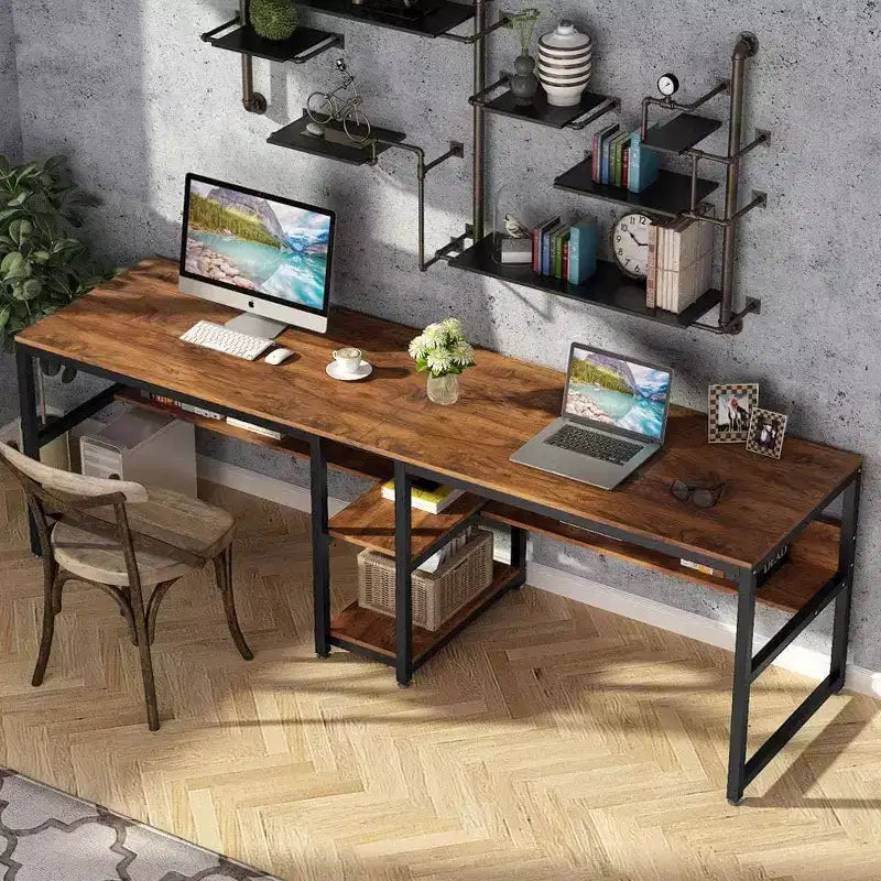 Bureau double Lantine avec étagère, bureau double d'ordinateur de 200 cm pour deux personnes, poste de travail avec étagère pour bureau à domicile