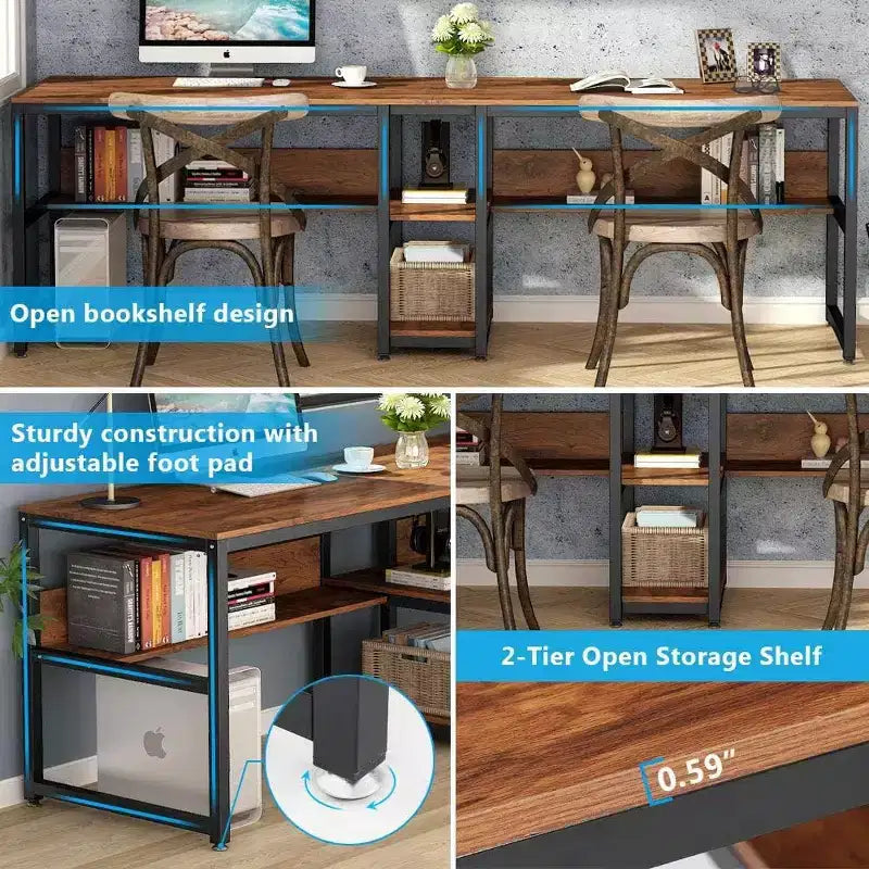 Bureau double Lantine avec étagère, bureau double d'ordinateur de 200 cm pour deux personnes, poste de travail avec étagère pour bureau à domicile