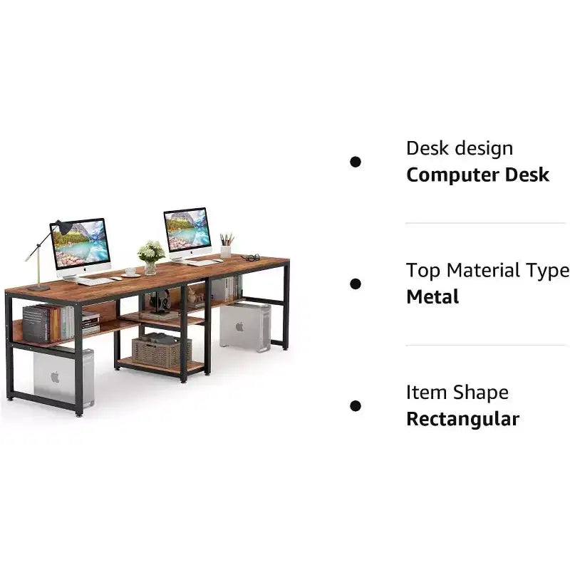Bureau double Lantine avec étagère, bureau double d'ordinateur de 200 cm pour deux personnes, poste de travail avec étagère pour bureau à domicile