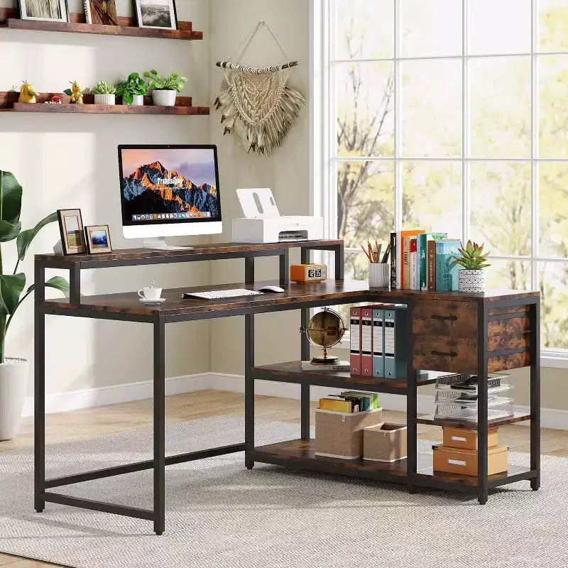 Bureau d'ordinateur réversible en forme de L Lantine avec tiroir, bureau d'angle avec étagères de rangement et support d'écran pour bureau à domicile