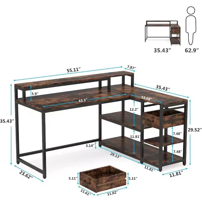 Bureau d'ordinateur réversible en forme de L Lantine avec tiroir, bureau d'angle avec étagères de rangement et support d'écran pour bureau à domicile