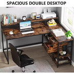 Bureau d'ordinateur réversible en forme de L Lantine avec tiroir, bureau d'angle avec étagères de rangement et support d'écran pour bureau à domicile