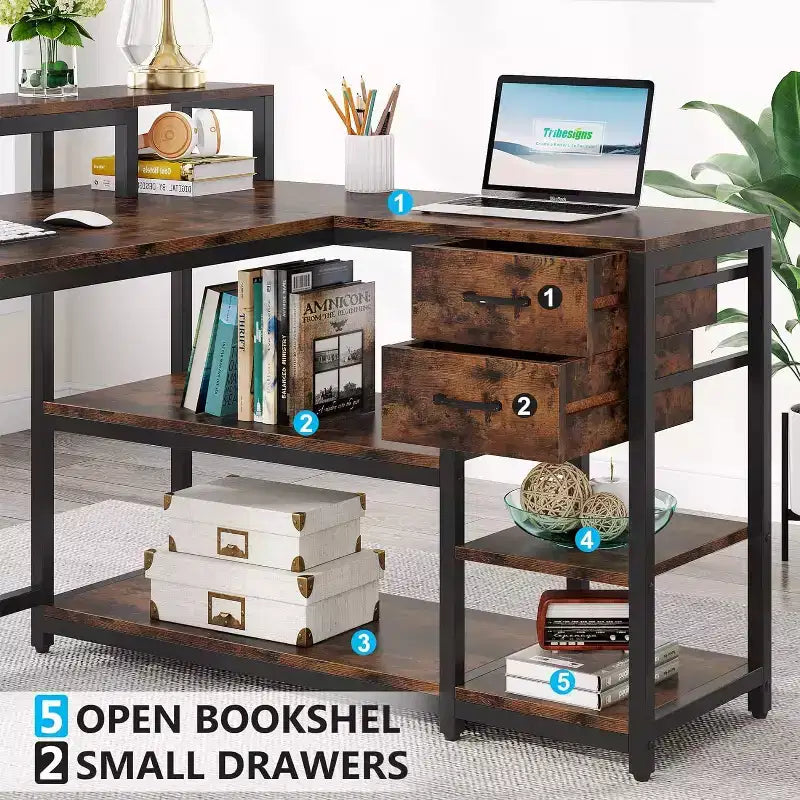 Bureau d'ordinateur réversible en forme de L Lantine avec tiroir, bureau d'angle avec étagères de rangement et support d'écran pour bureau à domicile