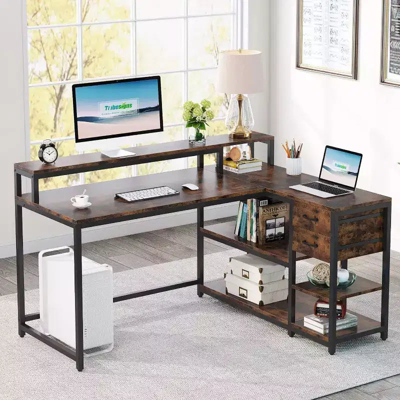 Bureau d'ordinateur réversible en forme de L Lantine avec tiroir, bureau d'angle avec étagères de rangement et support d'écran pour bureau à domicile
