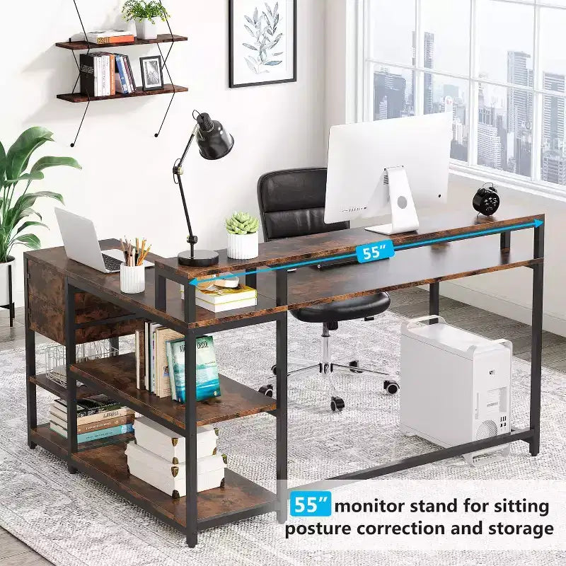 Bureau d'ordinateur réversible en forme de L Lantine avec tiroir, bureau d'angle avec étagères de rangement et support d'écran pour bureau à domicile