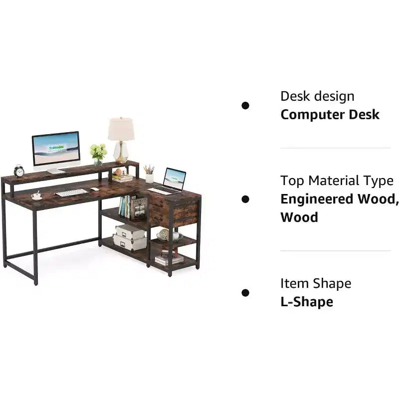 Bureau d'ordinateur réversible en forme de L Lantine avec tiroir, bureau d'angle avec étagères de rangement et support d'écran pour bureau à domicile