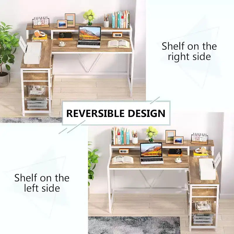 Bureau d'ordinateur réversible en forme de L Lantine avec tiroir, bureau d'angle avec étagères de rangement et support d'écran pour bureau à domicile