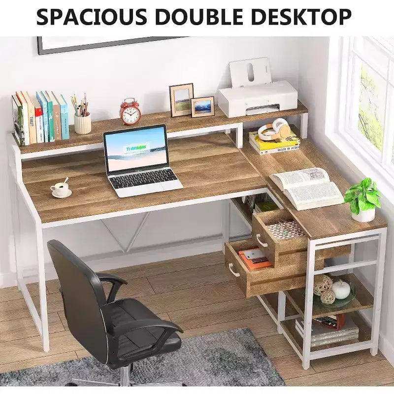 Bureau d'ordinateur réversible en forme de L Lantine avec tiroir, bureau d'angle avec étagères de rangement et support d'écran pour bureau à domicile