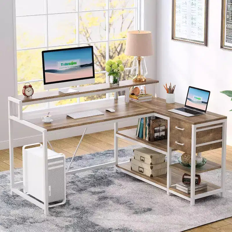 Bureau d'ordinateur réversible en forme de L Lantine avec tiroir, bureau d'angle avec étagères de rangement et support d'écran pour bureau à domicile