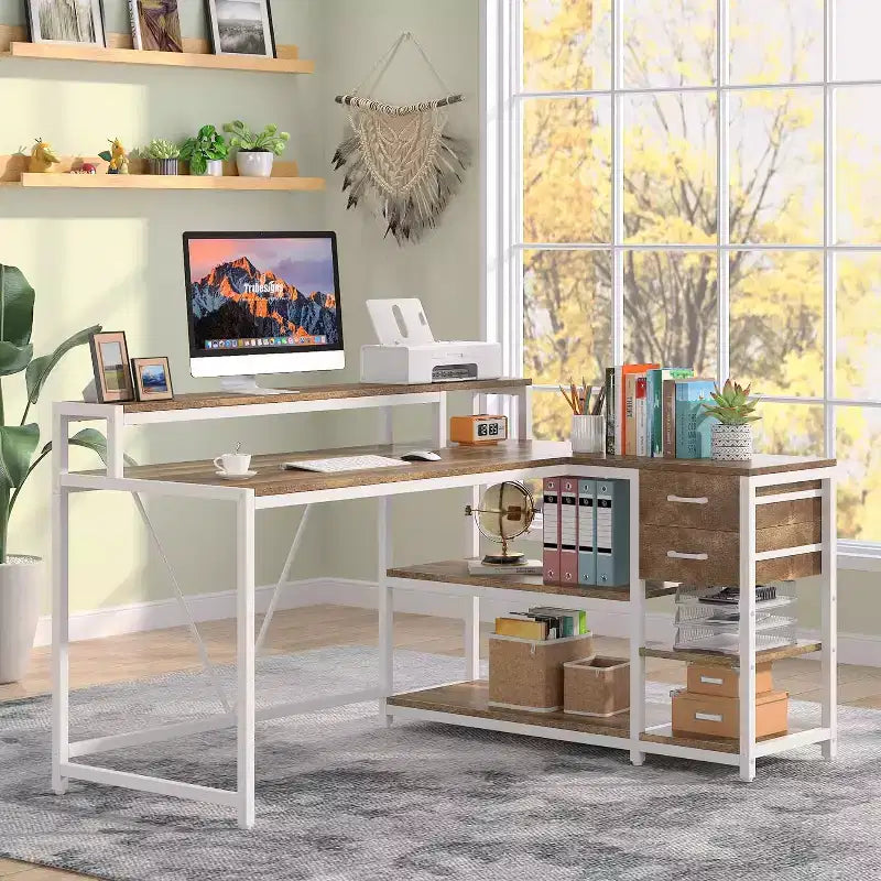 Bureau d'ordinateur réversible en forme de L Lantine avec tiroir, bureau d'angle avec étagères de rangement et support d'écran pour bureau à domicile
