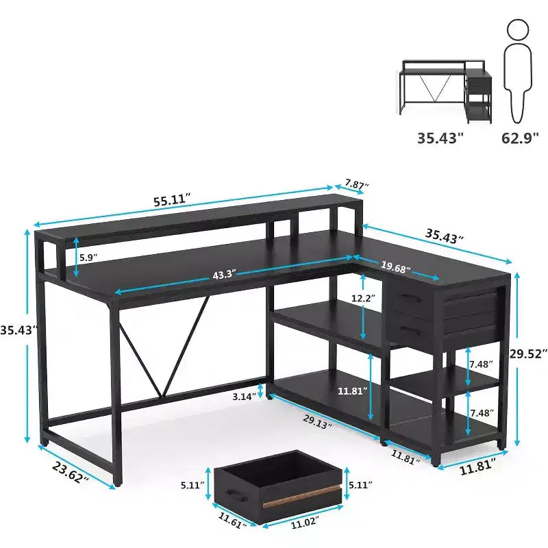 Bureau d'ordinateur réversible en forme de L Lantine avec tiroir, bureau d'angle avec étagères de rangement et support d'écran pour bureau à domicile