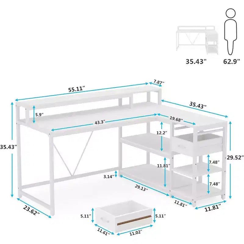 Bureau d'ordinateur réversible en forme de L Lantine avec tiroir, bureau d'angle avec étagères de rangement et support d'écran pour bureau à domicile