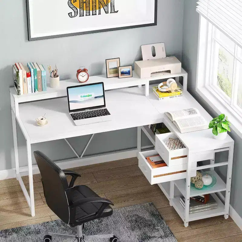 Bureau d'ordinateur réversible en forme de L Lantine avec tiroir, bureau d'angle avec étagères de rangement et support d'écran pour bureau à domicile