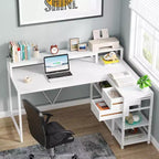 Bureau d'ordinateur réversible en forme de L Lantine avec tiroir, bureau d'angle avec étagères de rangement et support d'écran pour bureau à domicile