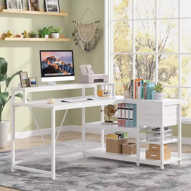 Bureau d'ordinateur réversible en forme de L Lantine avec tiroir, bureau d'angle avec étagères de rangement et support d'écran pour bureau à domicile