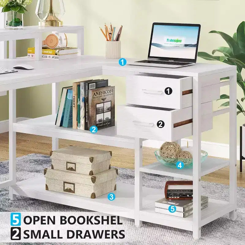 Bureau d'ordinateur réversible en forme de L Lantine avec tiroir, bureau d'angle avec étagères de rangement et support d'écran pour bureau à domicile