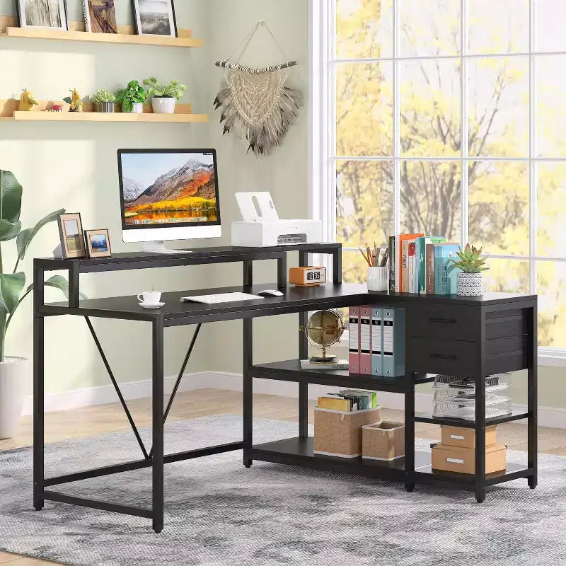 Bureau d'ordinateur réversible en forme de L Lantine avec tiroir, bureau d'angle avec étagères de rangement et support d'écran pour bureau à domicile
