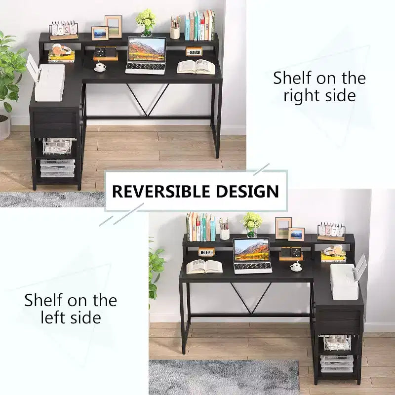 Bureau d'ordinateur réversible en forme de L Lantine avec tiroir, bureau d'angle avec étagères de rangement et support d'écran pour bureau à domicile