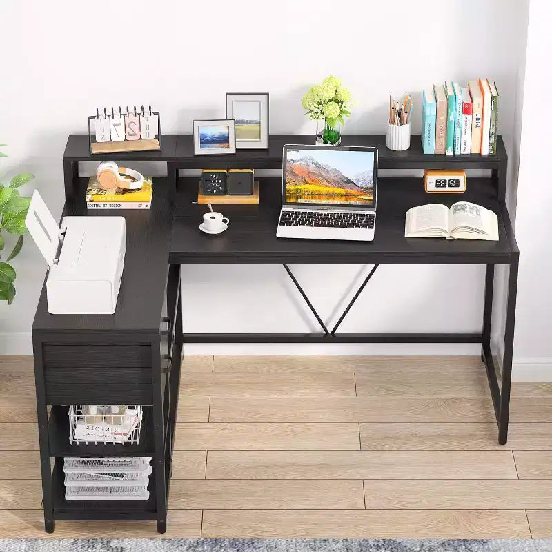 Bureau d'ordinateur réversible en forme de L Lantine avec tiroir, bureau d'angle avec étagères de rangement et support d'écran pour bureau à domicile