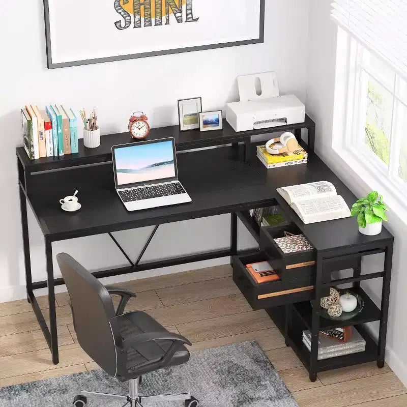 Bureau d'ordinateur réversible en forme de L Lantine avec tiroir, bureau d'angle avec étagères de rangement et support d'écran pour bureau à domicile