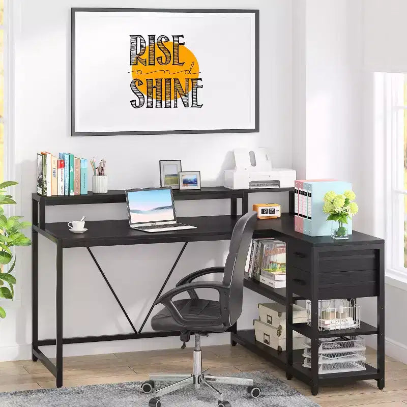 Bureau d'ordinateur réversible en forme de L Lantine avec tiroir, bureau d'angle avec étagères de rangement et support d'écran pour bureau à domicile