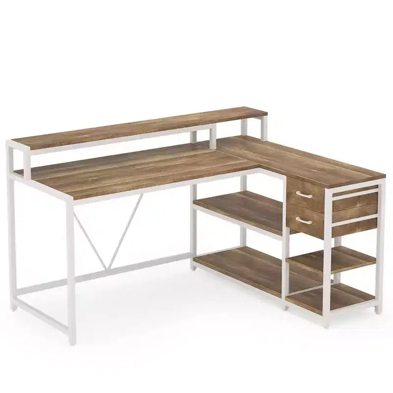 Bureau d'ordinateur réversible en forme de L Lantine avec tiroir, bureau d'angle avec étagères de rangement et support d'écran pour bureau à domicile