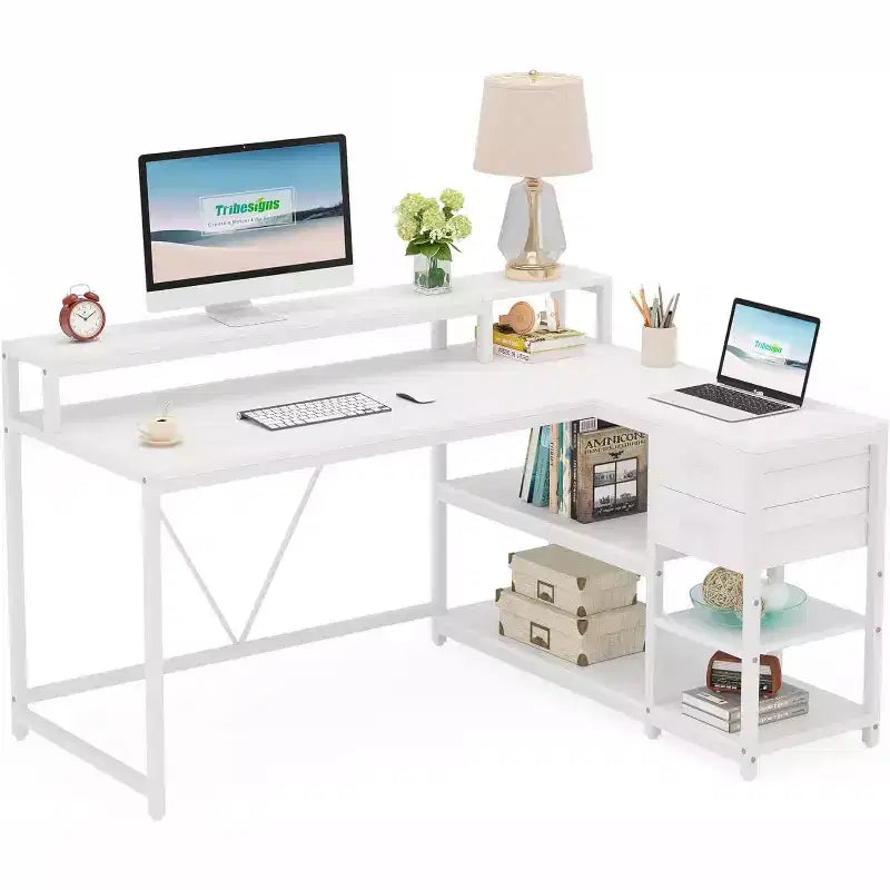Bureau d'ordinateur réversible en forme de L Lantine avec tiroir, bureau d'angle avec étagères de rangement et support d'écran pour bureau à domicile